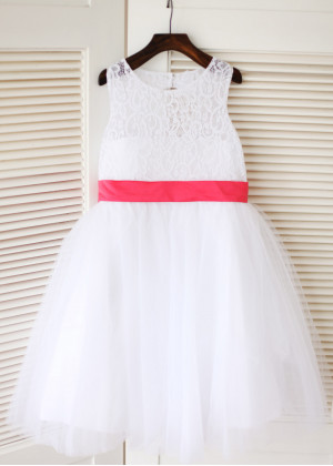 White Lace Tulle Keyhole Back Lovely Flower Girl Dress